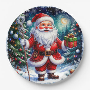 Santa Claus Holding a Gift in a Magical Christmas Paper Plate