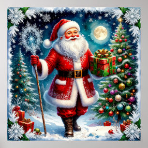 Santa Claus Holding a Gift in a Magical Christmas Poster