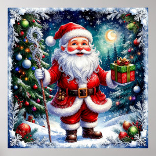 Santa Claus Holding a Gift in a Magical Christmas Poster