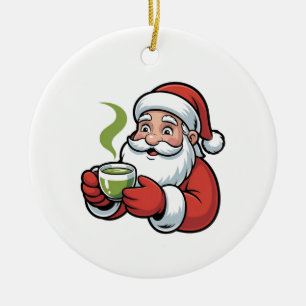 Santa Claus Holding a Matcha Drink Christmas Ceramic Ornament