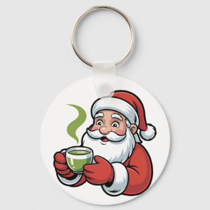 Santa Claus Holding a Matcha Drink Christmas Key Ring