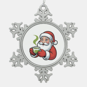 Santa Claus Holding a Matcha Drink Christmas Snowflake Pewter Christmas Ornament