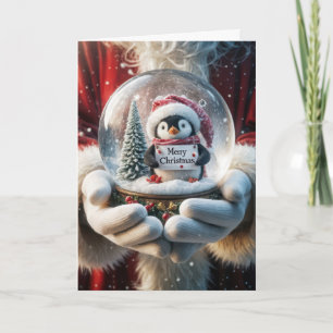 Santa Claus Holding a Penguin Snow Globe Holiday Card