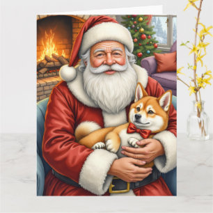 Santa Claus Holding Akita Christmas Art Card