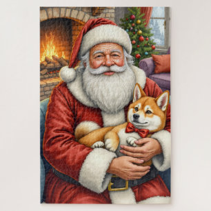 Santa Claus Holding Akita Christmas Art Jigsaw Puzzle
