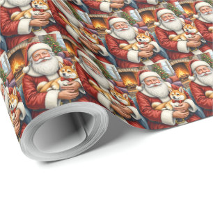 Santa Claus Holding Akita Christmas Art Wrapping Paper