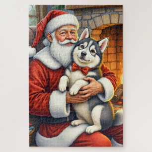 Santa Claus Holding Alaskan Malamute Christmas Art Jigsaw Puzzle