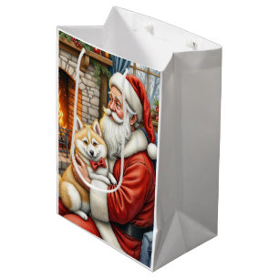 Santa Claus Holding American Eskimo Christmas Art Medium Gift Bag