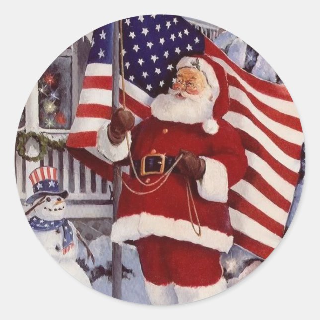 Santa Claus Holding American Flag Classic Round Sticker (Front)