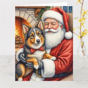 Santa Claus Holding Australian Shepherd Christmas  Card