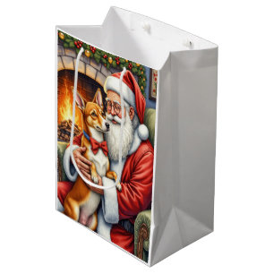 Santa Claus Holding Basenji Christmas Art Medium Gift Bag