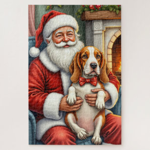Santa Claus Holding Basset Hound Christmas Art Jigsaw Puzzle