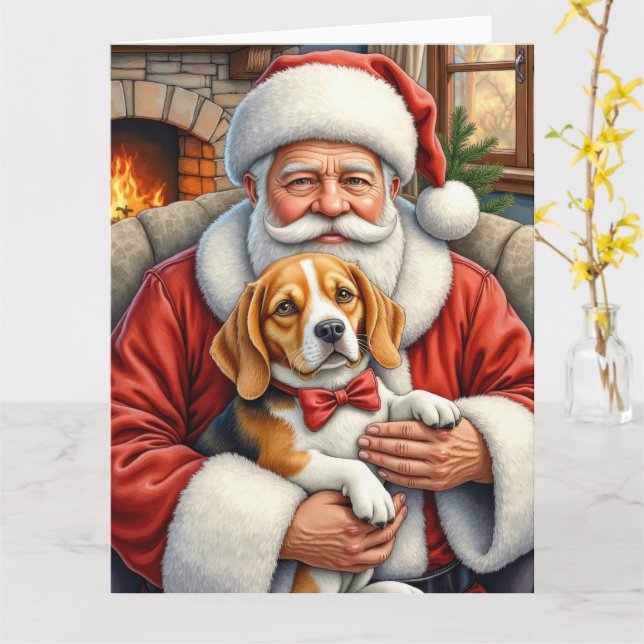Santa Claus Holding Beagle Christmas Art Card (Yellow Flower)