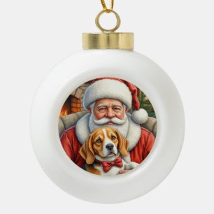 Santa Claus Holding Beagle Christmas Art Ceramic Ball Christmas Ornament
