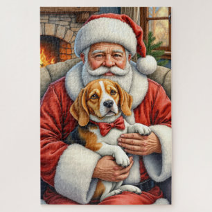 Santa Claus Holding Beagle Christmas Art Jigsaw Puzzle