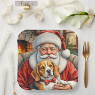 Santa Claus Holding Beagle Christmas Art Paper Plate