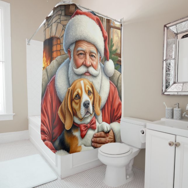Santa Claus Holding Beagle Christmas Art Shower Curtain (In Situ)