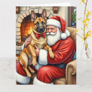 Santa Claus Holding Belgian Malinois Christmas Art Card