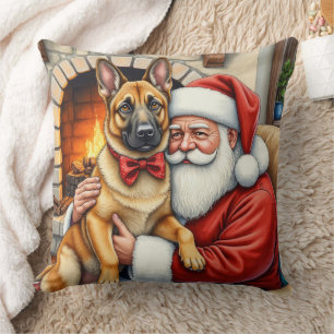 Santa Claus Holding Belgian Malinois Christmas Art Cushion
