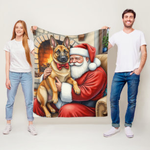 Santa Claus Holding Belgian Malinois Christmas Art Fleece Blanket