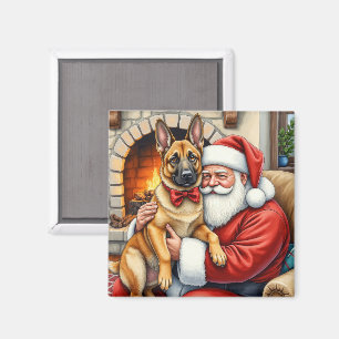 Santa Claus Holding Belgian Malinois Christmas Art Magnet