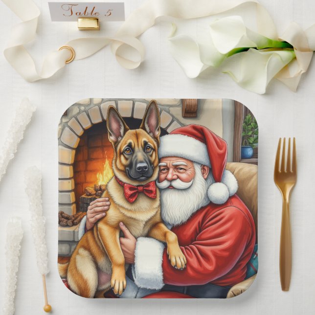 Santa Claus Holding Belgian Malinois Christmas Art Paper Plate (Wedding)