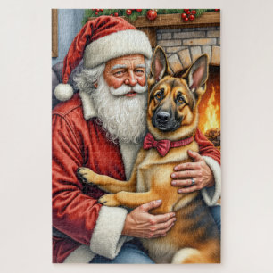 Santa Claus Holding Belgian Shepherd Christmas Art Jigsaw Puzzle