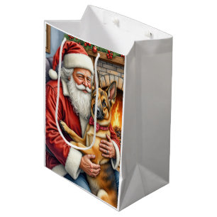 Santa Claus Holding Belgian Shepherd Christmas Art Medium Gift Bag
