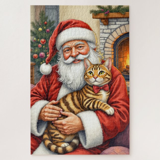 Santa Claus Holding Bengal Cat Christmas Art Jigsaw Puzzle (Vertical)