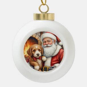 Santa Claus Holding Bernedoodle Christmas Art Ceramic Ball Christmas Ornament