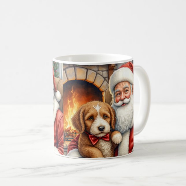 Santa Claus Holding Bernedoodle Christmas Art Coffee Mug (Front Right)