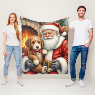 Santa Claus Holding Bernedoodle Christmas Art Fleece Blanket