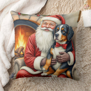 Santa Claus Holding Bernese Mountain Dog Christmas Cushion
