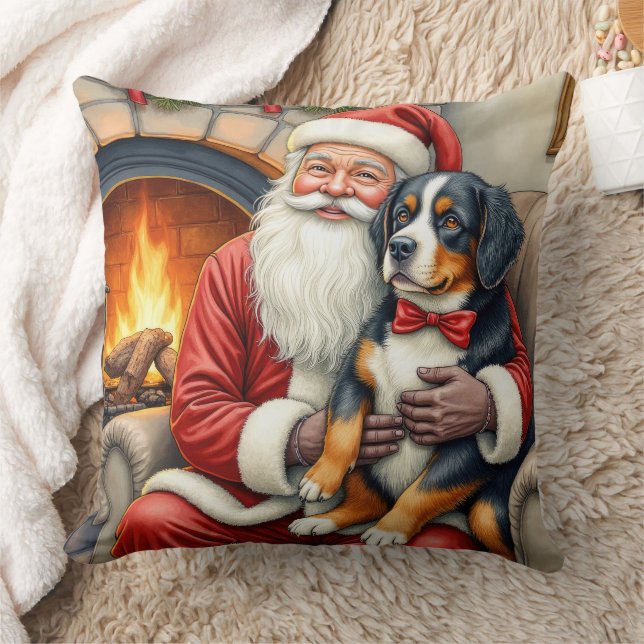 Santa Claus Holding Bernese Mountain Dog Christmas Cushion (Blanket)