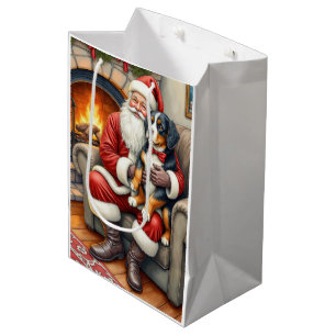 Santa Claus Holding Bernese Mountain Dog Christmas Medium Gift Bag