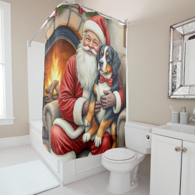 Santa Claus Holding Bernese Mountain Dog Christmas Shower Curtain (In Situ)