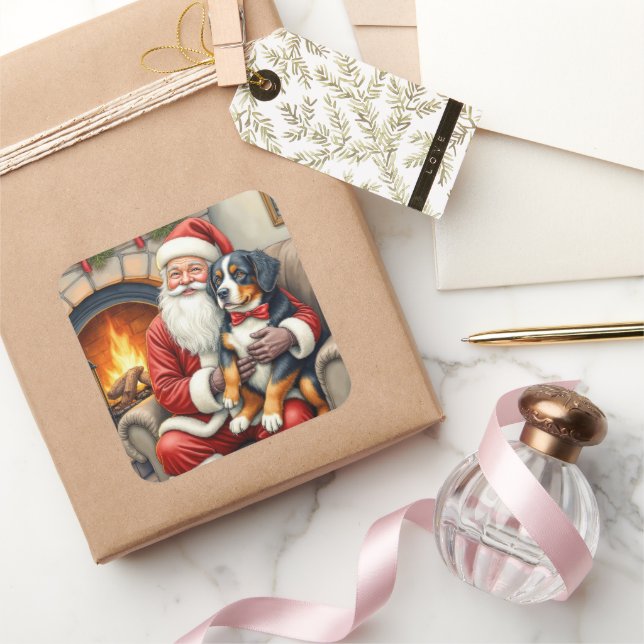 Santa Claus Holding Bernese Mountain Dog Christmas Square Sticker (Gifting)