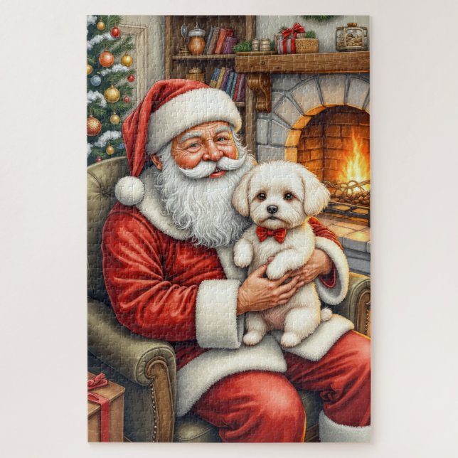 Santa Claus Holding Bichon Frise Christmas Art Jigsaw Puzzle (Vertical)