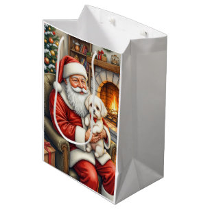 Santa Claus Holding Bichon Frise Christmas Art Medium Gift Bag