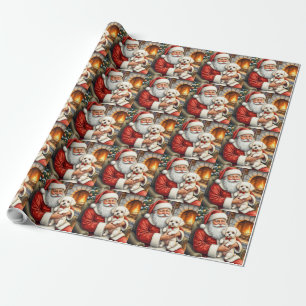 Santa Claus Holding Bichon Frise Christmas Art Wrapping Paper