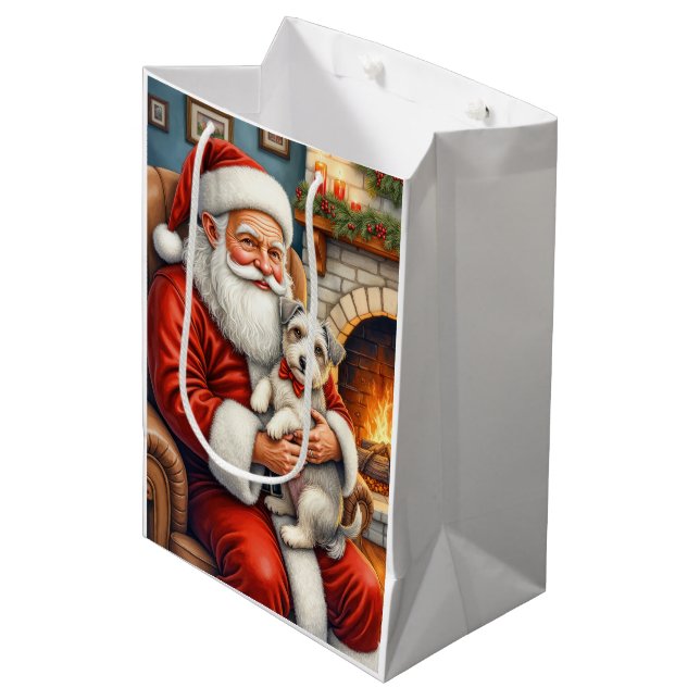 Santa Claus Holding Biewer Terrier Christmas Art Medium Gift Bag (Front Angled)