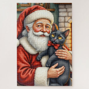 Santa Claus Holding Black Cat Christmas Art Jigsaw Puzzle
