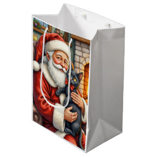 Santa Claus Holding Black Cat Christmas Art Medium Gift Bag