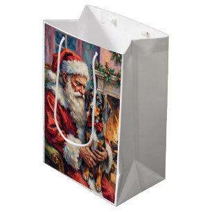 Santa Claus Holding Bluetick Coonhound Christmas Medium Gift Bag