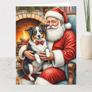 Santa Claus Holding Border Collie Christmas Art Card