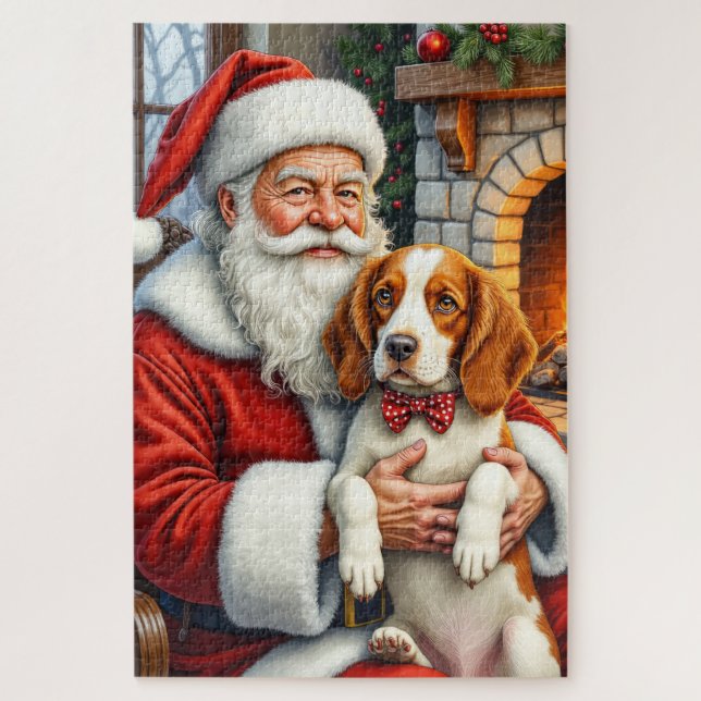 Santa Claus Holding Brittany Spaniel Christmas Art Jigsaw Puzzle (Vertical)