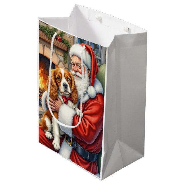 Santa Claus Holding Cavalier King Charles Spaniel  Medium Gift Bag (Front Angled)
