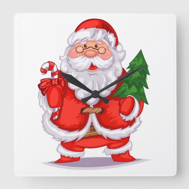Santa Claus Holding Christmas Tree Square Wall Clock (Front)