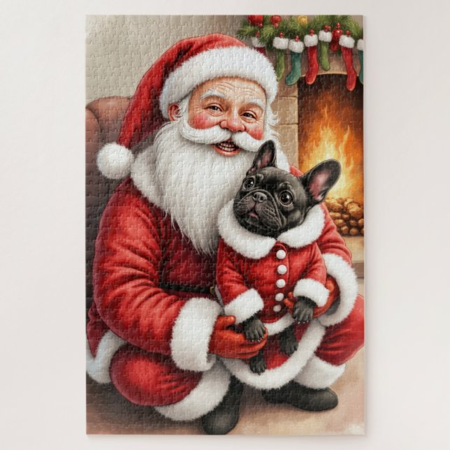 Santa Claus Holding French Bulldog Christmas Art Jigsaw Puzzle (Vertical)