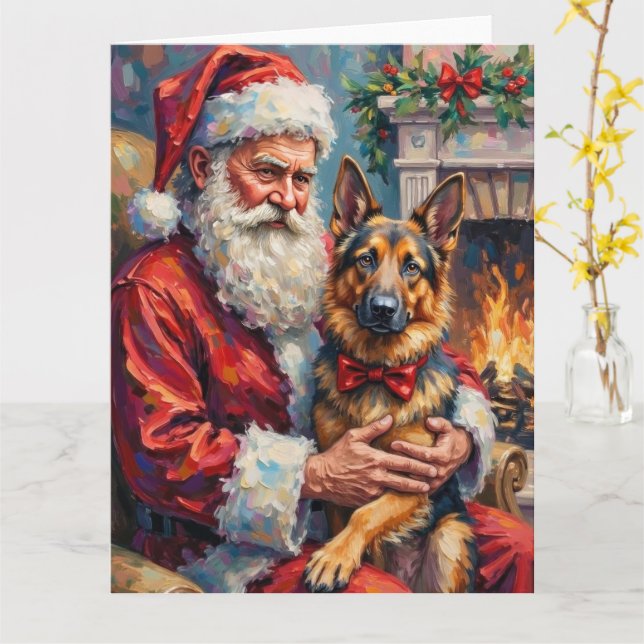 Santa Claus Holding German Shepherd Christmas Art Card (Yellow Flower)